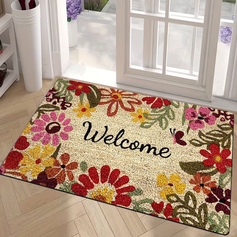 Floral Butterfly Door Mat Indoor Welcome Rug – Non-Slip Flannel Entry Mat, Colorful Vintage Garden Style, Soft & Easy Clean | 20x30 24x36 | Nuvia Haven