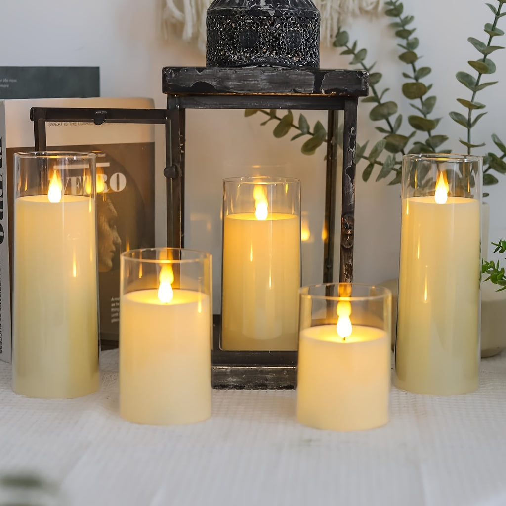 Flameless LED Pillar Candles Set of 5 with Remote Control & Timer, Battery Operated Flickering Candles, 3-Inch Diameter Organic Glass, 4" 5" 6" 8" Sizes - Ivory, Gray & Amber for Home & Halloween Decor