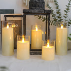 Flameless LED Pillar Candles Set of 5 with Remote Control & Timer, Battery Operated Flickering Candles, 3-Inch Diameter Organic Glass, 4" 5" 6" 8" Sizes - Ivory, Gray & Amber for Home & Halloween Decor