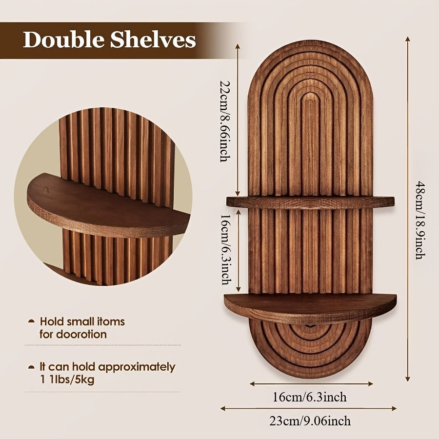 Boho Farmhouse Wood Floating Wall Shelves – 2-Layer Arc Design Wall-Mounted Storage Rack for Books, Plants & Decor in Bedroom, Bathroom, Kitchen & Living Room
