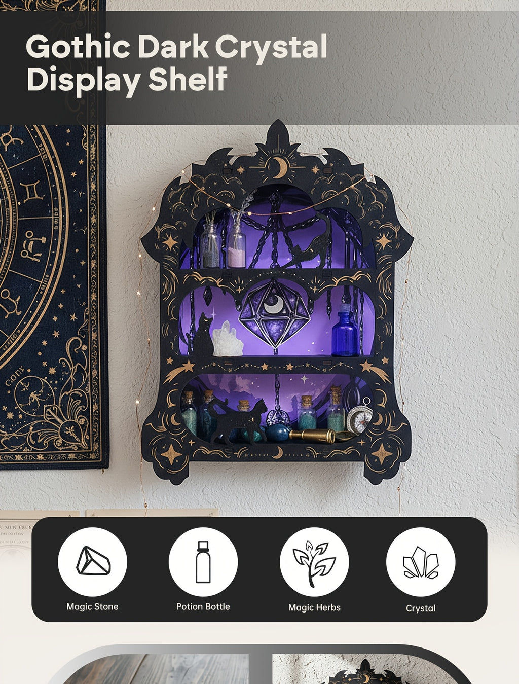 Wooden Floating Wall Shelf Crystal Display Shelf Rock Gem Stone Organizer Essential Oil Holder Wicca Spiritual Meditation Decor Gift