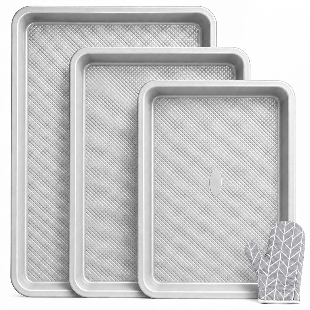 Baking Sheet Pan Set of 3 Heavy Duty Cookie Sheets - Diamond Texture Commercial Grade Steel 13/15/18 Inch, 0.8mm Thick Oven Pans for Baking Cookies, Roasting, Sheet Cake, with Oven Gloves Option
