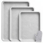 Baking Sheet Pan Set of 3 Heavy Duty Cookie Sheets - Diamond Texture Commercial Grade Steel 13/15/18 Inch, 0.8mm Thick Oven Pans for Baking Cookies, Roasting, Sheet Cake, with Oven Gloves Option