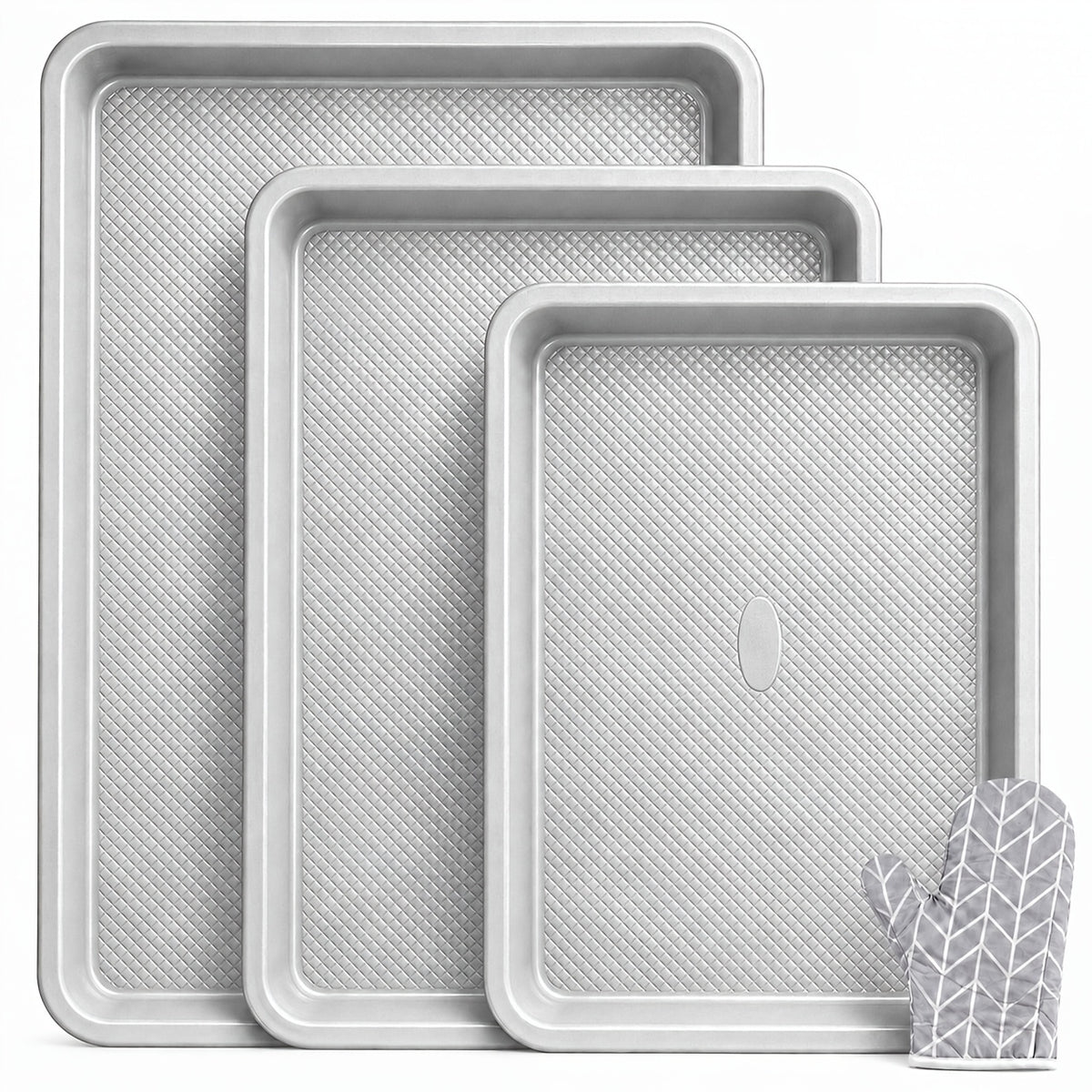 Baking Sheet Pan Set of 3 Heavy Duty Cookie Sheets - Diamond Texture Commercial Grade Steel 13/15/18 Inch, 0.8mm Thick Oven Pans for Baking Cookies, Roasting, Sheet Cake, with Oven Gloves Option