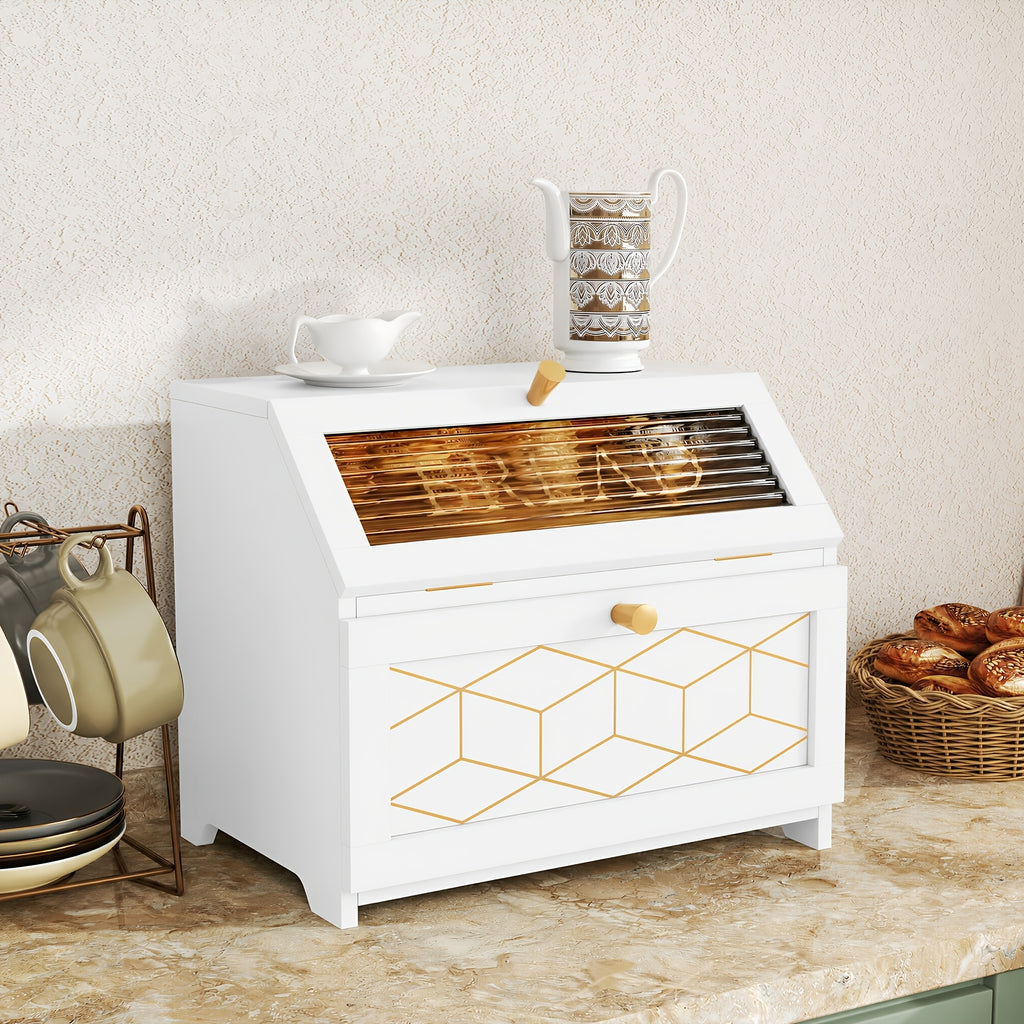 Wooden Bread Box Large Double Layer Flip Top with Golden Trim - Countertop Bread Storage Container for Kitchen Organization, Keeps Bread Fresh, 4 Colors, Great Housewarming Gift