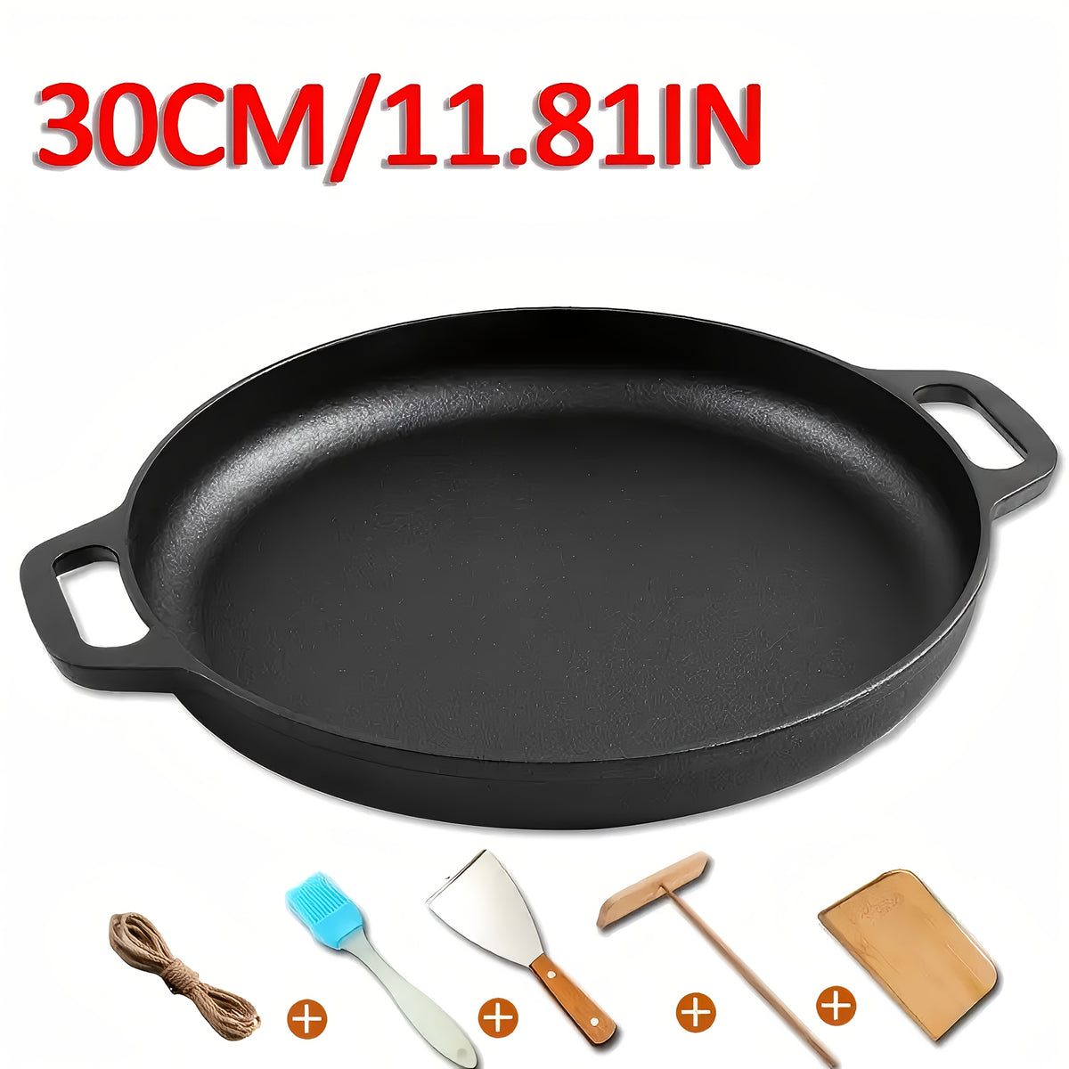 Cast Iron Pizza Pan 6-Piece Set – 11-Inch Pre-Seasoned Griddle for Oven, Stovetop, Grill & Campfire | Multi-Purpose Round Cast Iron Baking Pan for Pizza, Bread & More