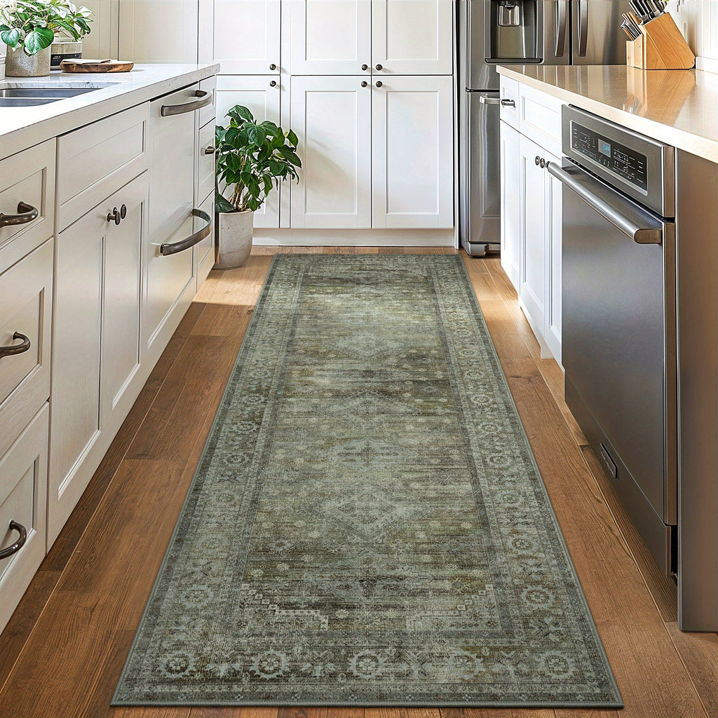 Sage Green Runner Rug Machine Washable Non-Slip - Boho Vintage Distressed Low Pile Flat Rug for Hallway Kitchen Entryway, Ultra-Thin Under-Door Fit, 11 Sizes