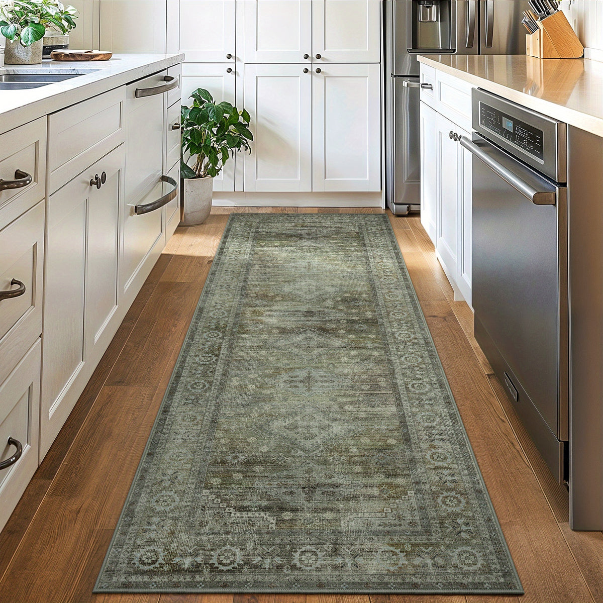Sage Green Runner Rug Machine Washable Non-Slip - Boho Vintage Distressed Low Pile Flat Rug for Hallway Kitchen Entryway, Ultra-Thin Under-Door Fit, 11 Sizes