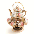 20-Piece Floral Porcelain Tea Set with Metal Holder & Teapot - European Ceramic Espresso Cup and Saucer Set, 3.3oz Cups 15oz Teapot, Afternoon Tea Gift for Golden Pink Purple Flower