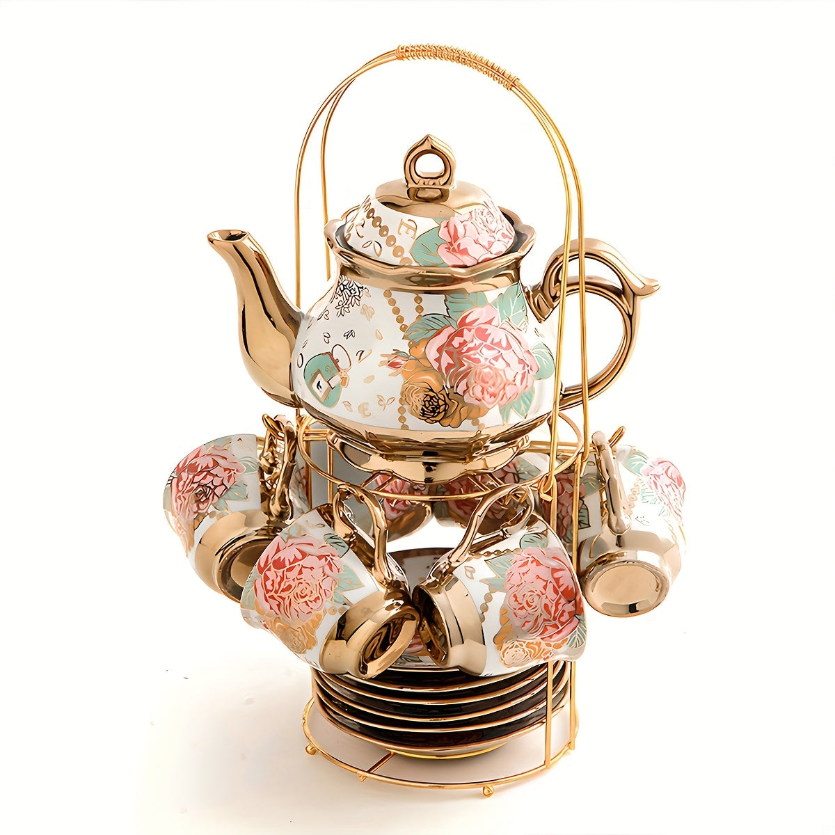 20-Piece Floral Porcelain Tea Set with Metal Holder & Teapot - European Ceramic Espresso Cup and Saucer Set, 3.3oz Cups 15oz Teapot, Afternoon Tea Gift for Golden Pink Purple Flower