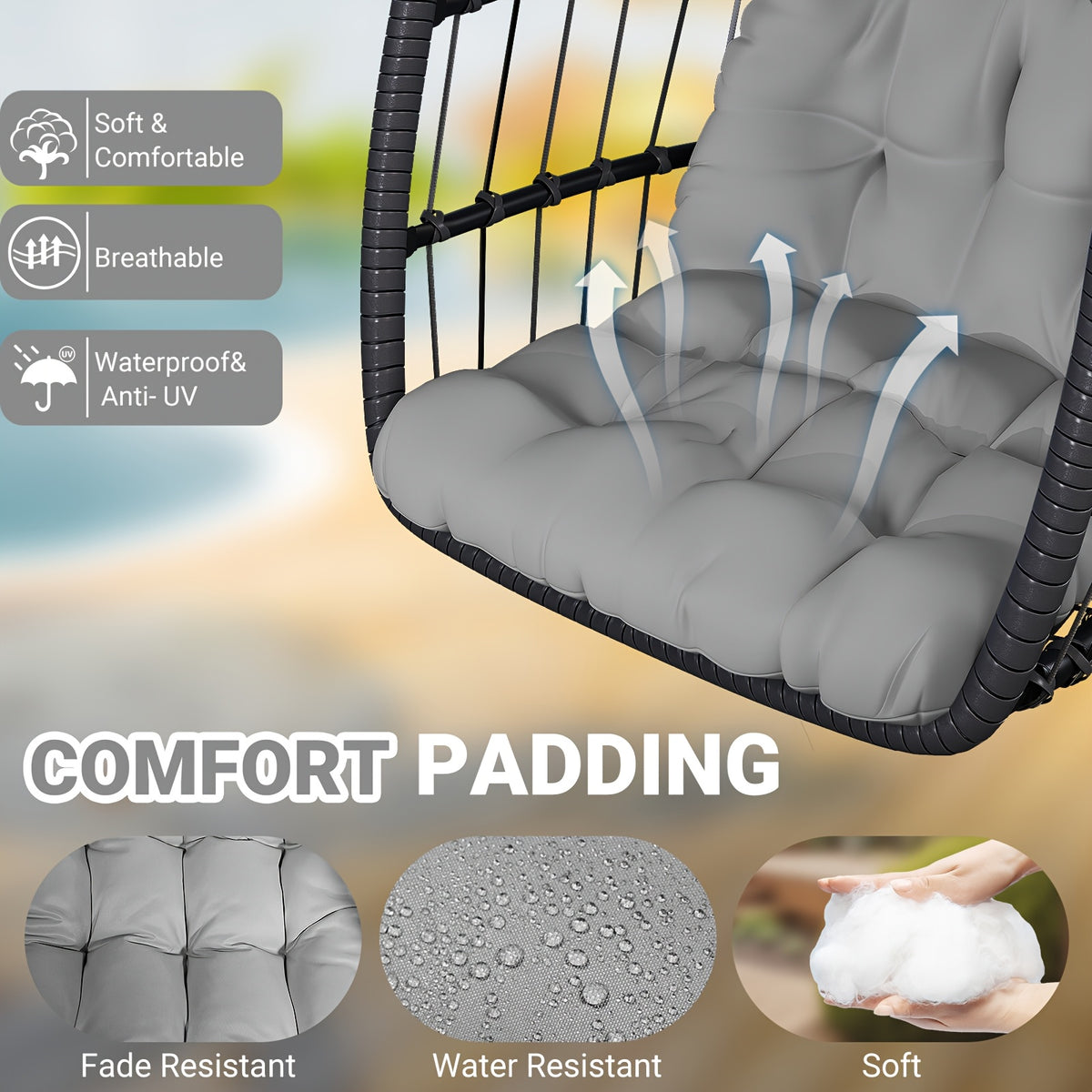 Egg Chair with Stand Rattan Wicker Outdoor Swing Hammock Chair Thickened Aluminum Frame UV-Resistant Cushion 350LBS Single or Two-Seater