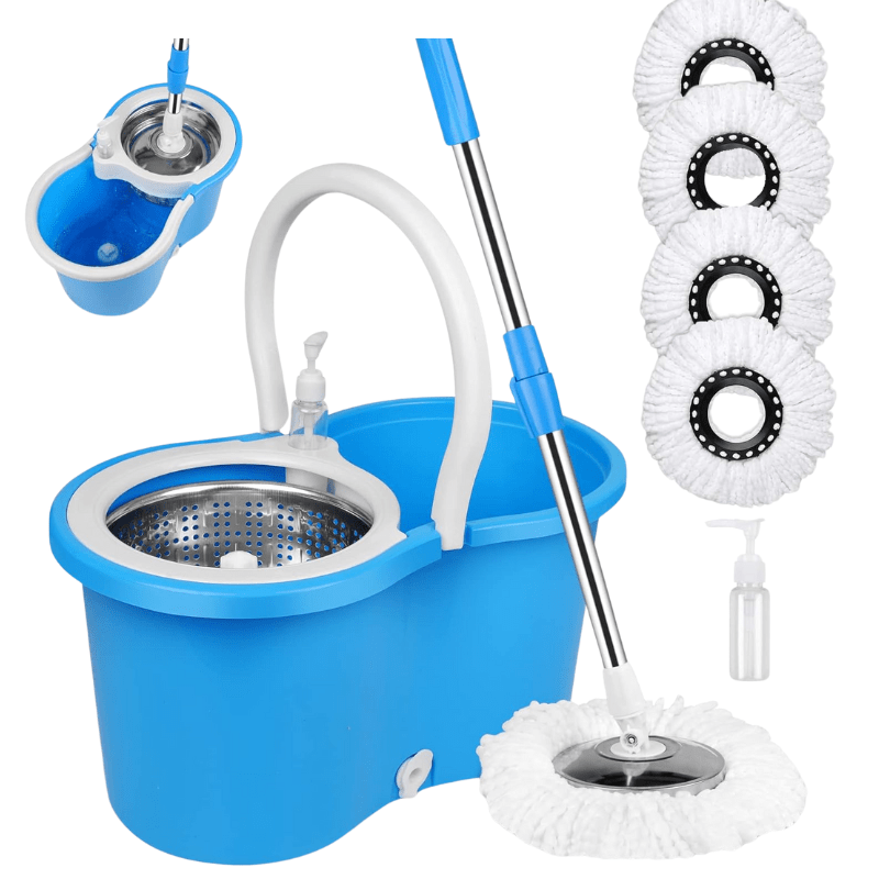 360° Spin Mop and Bucket Set with Wringer – Stainless Steel Extended Handle Spinning Mop Bucket System with 4 Microfiber Mop Refills for Hardwood Tile & Laminate Floor Cleaning