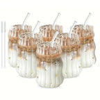 Glass Coffee Mugs with Straw Set of 6 - Retro Stripe Design Clear Glass Cups for Iced Coffee, Tea & Cold Drinks, Minimalist Office & Home Drinkware, Includes Straw Cleaning Brush