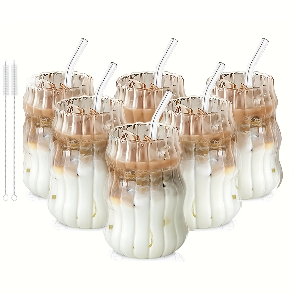 Glass Coffee Mugs with Straw Set of 6 - Retro Stripe Design Clear Glass Cups for Iced Coffee, Tea & Cold Drinks, Minimalist Office & Home Drinkware, Includes Straw Cleaning Brush