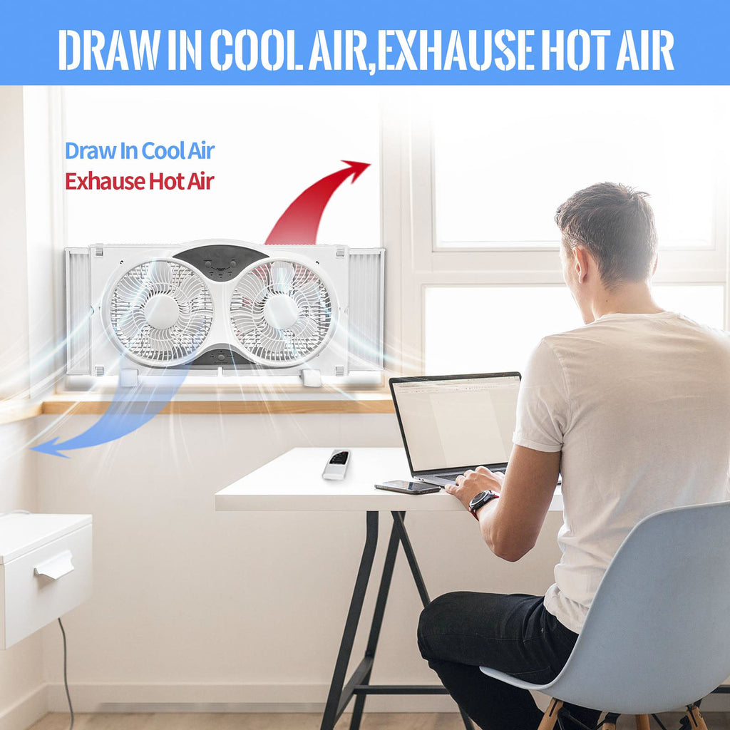 Twin Window Fan 9 Inch Dual Fan with Expanders 3-Speed Remote or Manual Control for Home Kitchen Bedroom Office
