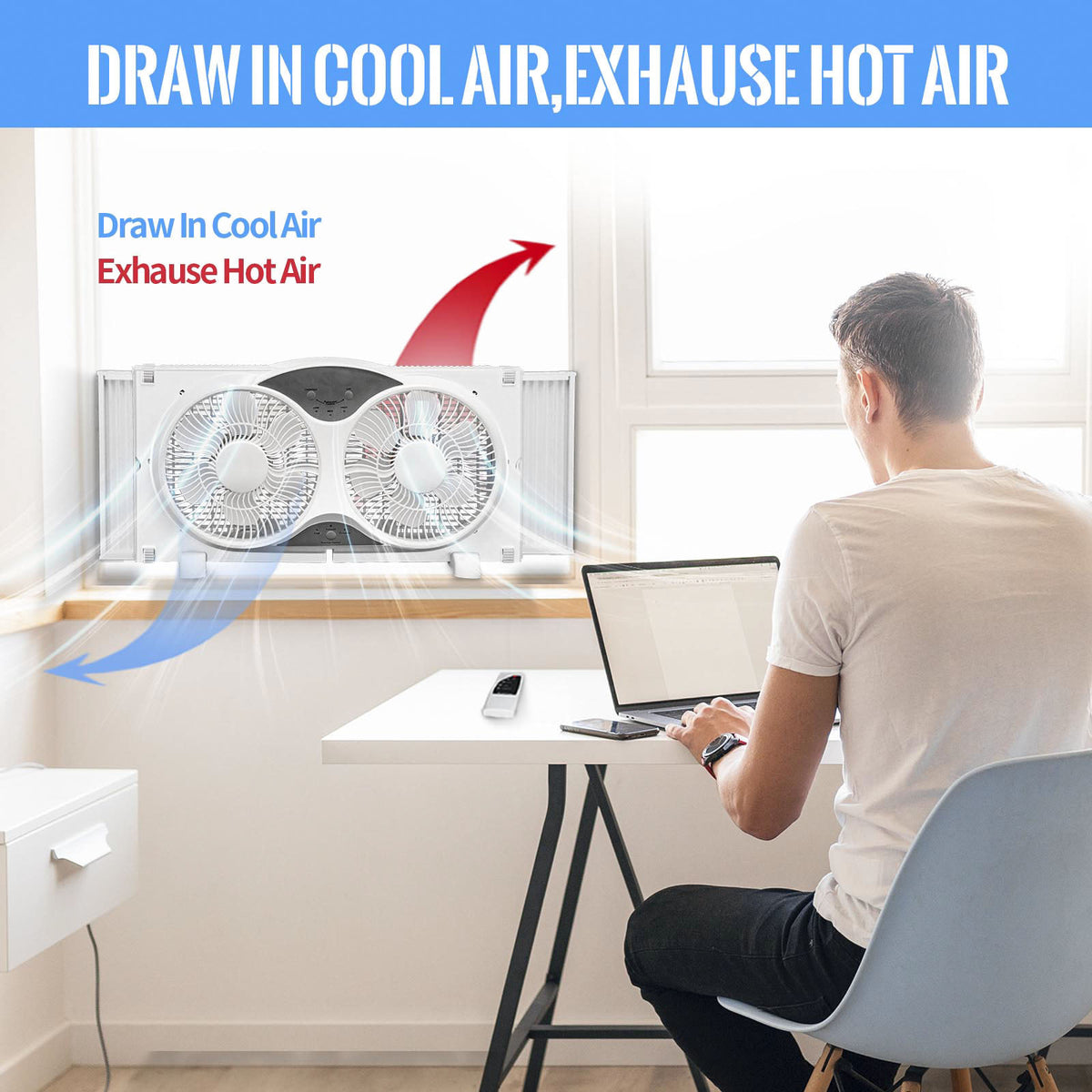 Twin Window Fan 9 Inch Dual Fan with Expanders 3-Speed Remote or Manual Control for Home Kitchen Bedroom Office