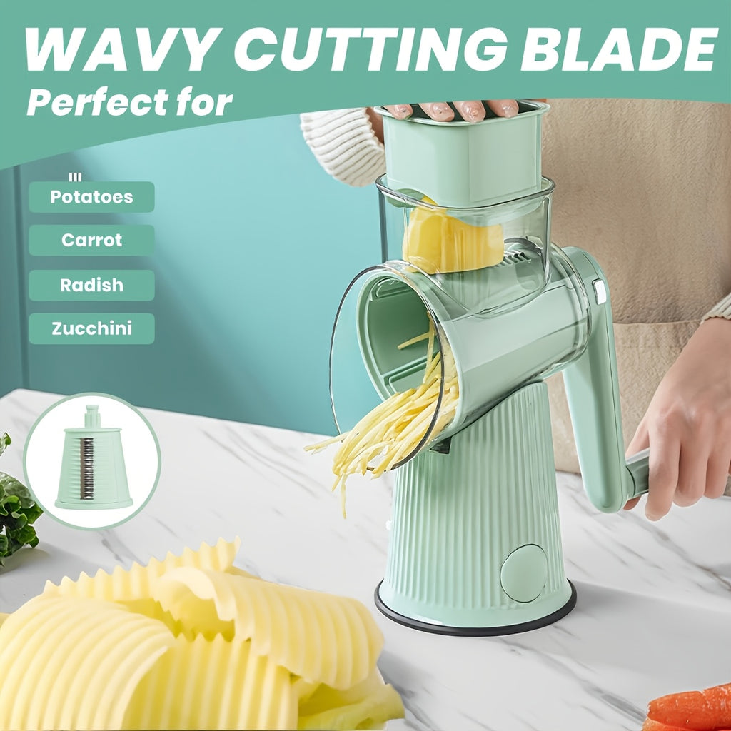 5-in-1 Rotary Cheese Grater with Interchangeable Blades, Suction Cup Base & Handle – Manual Vegetable Slicer Shredder for Cheese, Fruits, Nuts & Vegetables – Easy Clean Kitchen Tool Set