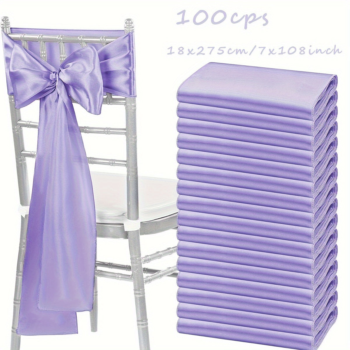 Satin Chair Bow Ribbons 100-Pack – 7×108 Inch Universal Streamer for Wedding Reception Banquet Party Hotel Christmas Decor, 15 Colors