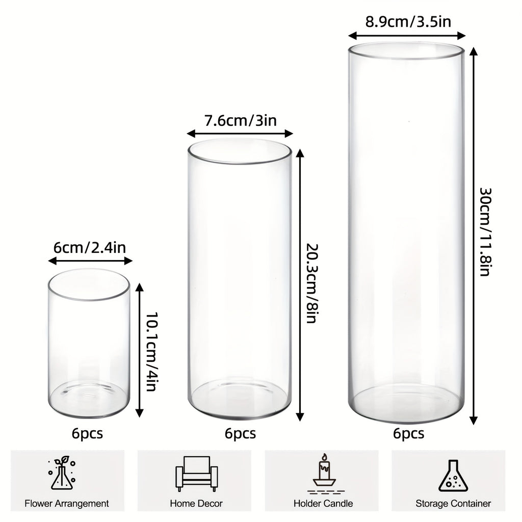 Clear Glass Cylinder Vases 24-Pack 3 Sizes 4/8/12 Inch - Tall Flower Vases, Hurricane Floating Candle Holders for DIY Candle Making, Wedding Table Centerpieces & Home Decor