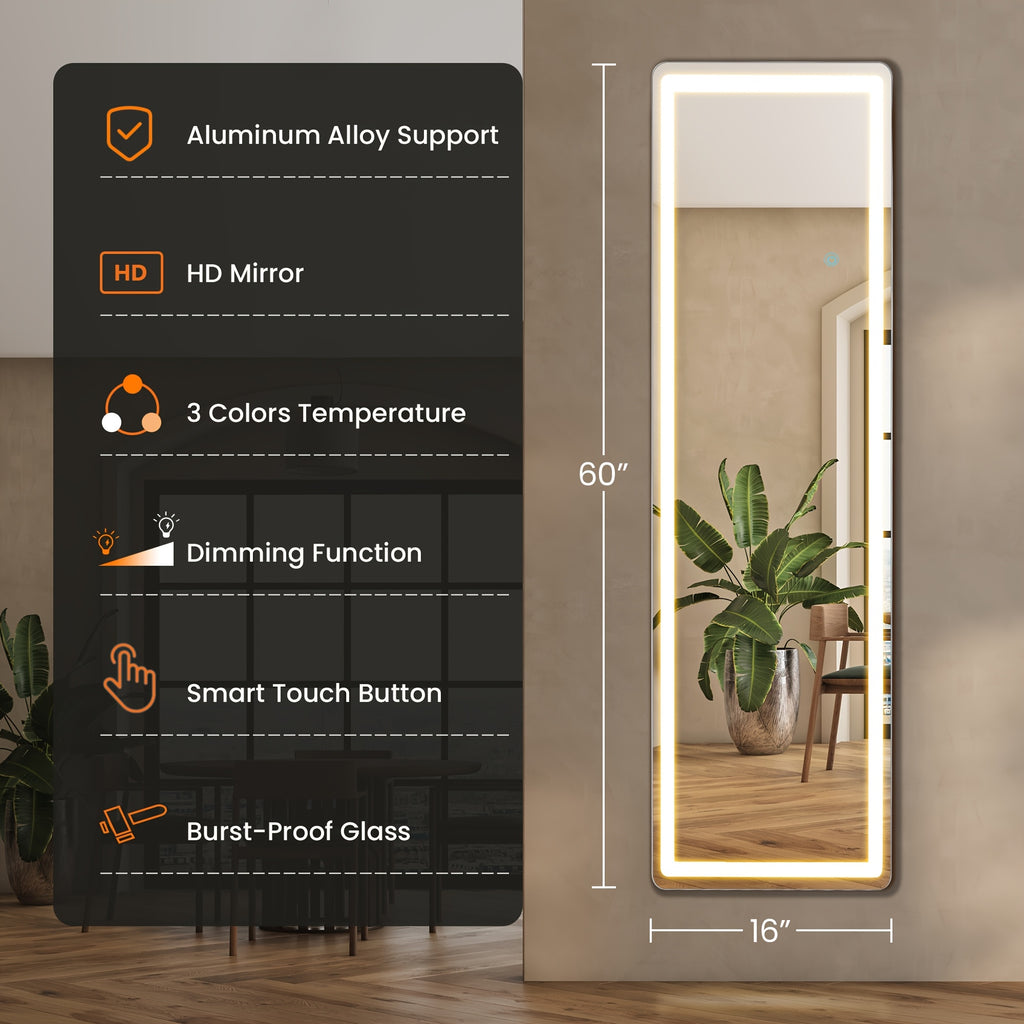 Smart LED Touch Sensor Full-Length Mirror with Adjustable Brightness – Wall-Mount & Freestanding Slim Modern Frame for Vanity, Bedroom & Dressing Room Lighting