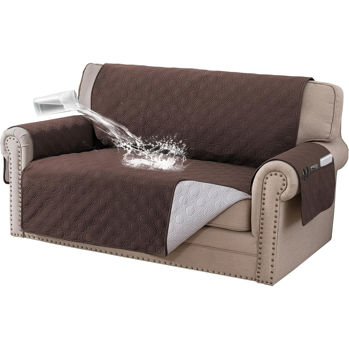 Liquid-Resistant Sofa Cover with Pocket, Geometric Pattern Couch Slipcover Furniture Protector for Pets, Washable Thick Soft 1 2 3 4 Seat Sizes Chair Loveseat Sofa