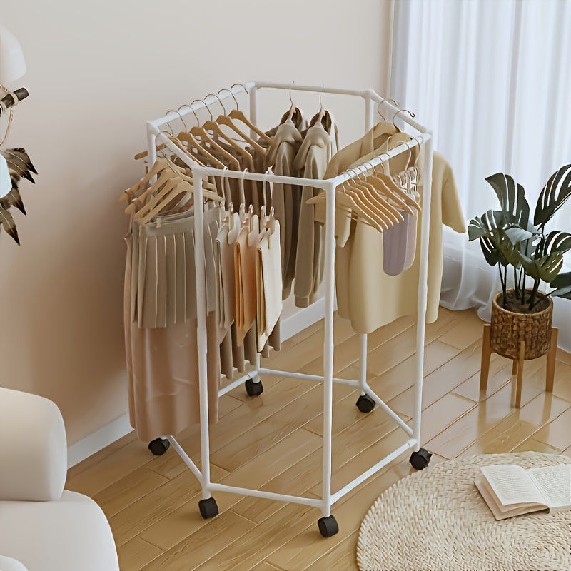 Hexagonal Rotating Clothes Rack with Wheels Large Capacity Freestanding Garment Rack for Bedroom Closet Entryway