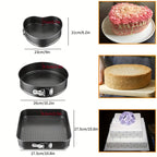 Non-Stick Springform Cake Pan Set - Carbon Steel Round & Heart-Shaped Baking Pans with Removable Bottom, Easy-Release, 3pc or 6pc Set, Black