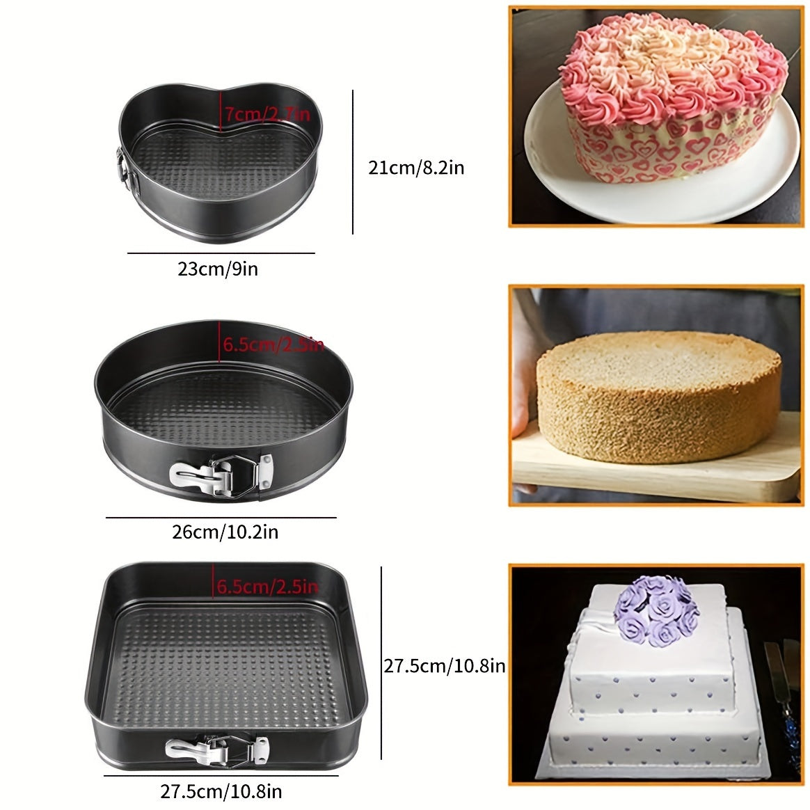 Non-Stick Springform Cake Pan Set - Carbon Steel Round & Heart-Shaped Baking Pans with Removable Bottom, Easy-Release, 3pc or 6pc Set, Black