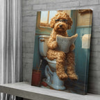 Funny Dog Bathroom Wall Art – Framed Canvas Print Dog on Toilet Reading Newspaper, Humor Bathroom Decor for Dog Lovers, Quirky Animal Poster for Restroom & Powder Room, Ready to Hang