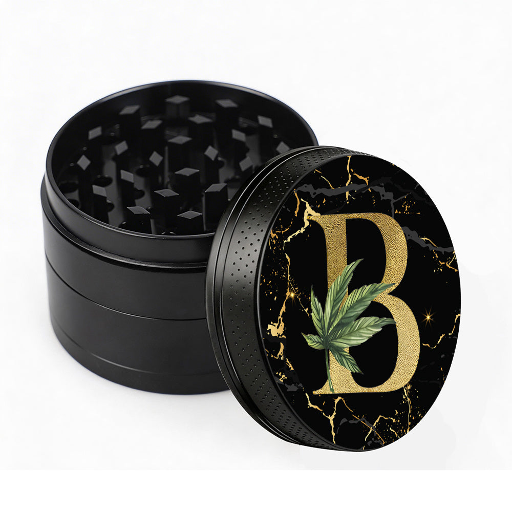 Manual Spice & Herb Grinder with Pollen Catcher - Personalized A-Z Initial Letter Metal Crusher, Portable 2 Inch Golden Marble Alphabet Design, Gift for Smokers & Herb Lovers (Black)