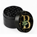 Manual Spice & Herb Grinder with Pollen Catcher - Personalized A-Z Initial Letter Metal Crusher, Portable 2 Inch Golden Marble Alphabet Design, Gift for Smokers & Herb Lovers (Black)