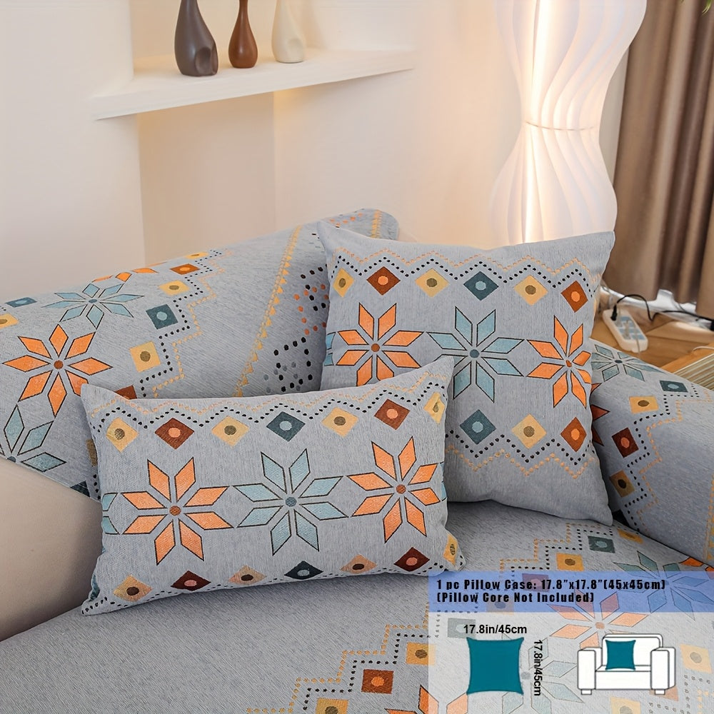 Embroidered Chenille Sofa Slipcover Bohemian Geometric Floral Pattern | Non-Slip Machine Washable Couch Cover for 1-2-3-4 Seater with Armrest & Pillow Cover Options, 6 Colors
