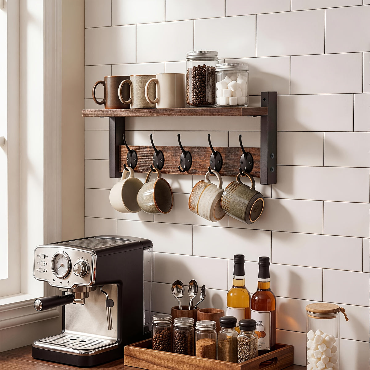 Wooden Wall-Mounted Shelf with 5 Hooks – Floating Coat Rack & Key Organizer for Entryway, Bedroom & Bathroom, Towel Hook Rail, Wall Storage for Kitchen & Living Room, Rustic Wood Hanging Shelf with Hooks