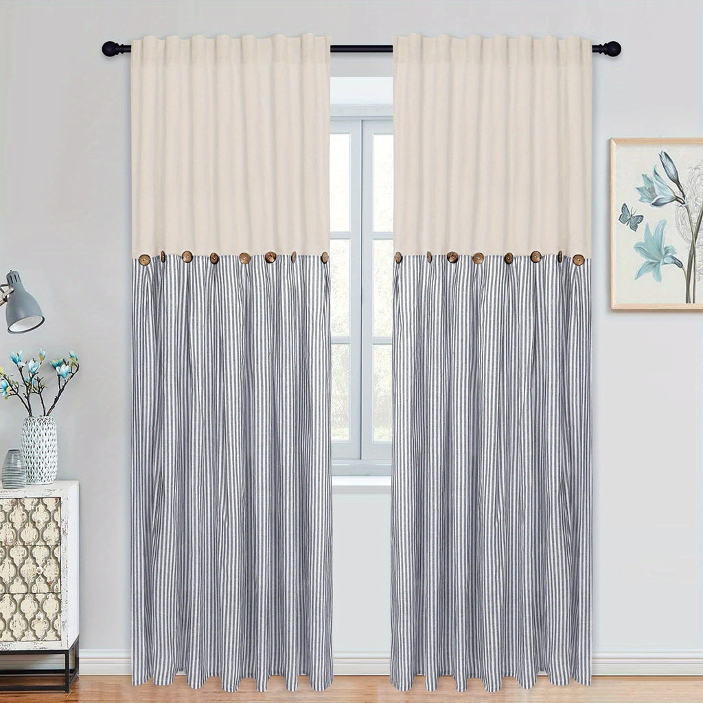 Bohemian Semi-Sheer Linen Cotton Curtains Grommet Top – Patchwork Country Cottage Window Drapes, 1 or 2 Panels, All Season, Bedroom Living Room Kitchen Bathroom Cafe Decor | Blue Green Dark Blue