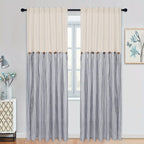 Bohemian Semi-Sheer Linen Cotton Curtains Grommet Top – Patchwork Country Cottage Window Drapes, 1 or 2 Panels, All Season, Bedroom Living Room Kitchen Bathroom Cafe Decor | Blue Green Dark Blue