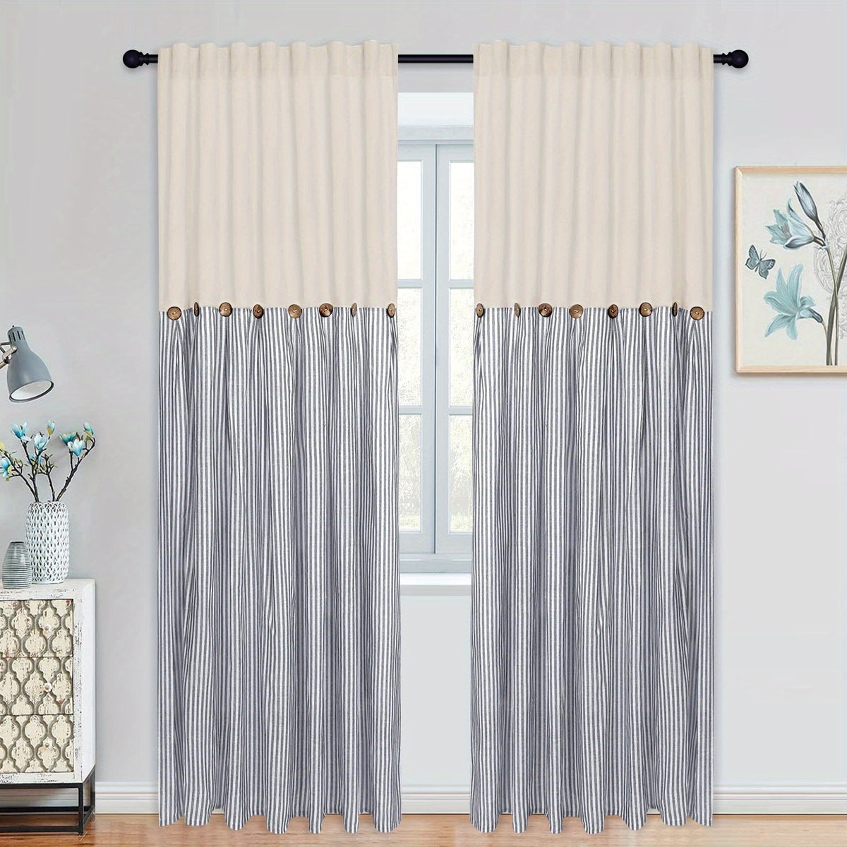 Bohemian Semi-Sheer Linen Cotton Curtains Grommet Top – Patchwork Country Cottage Window Drapes, 1 or 2 Panels, All Season, Bedroom Living Room Kitchen Bathroom Cafe Decor | Blue Green Dark Blue