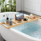 Bamboo Bathtub Caddy Tray Adjustable 27.6–35.4 Inch with Multi-Slot Organizer & Device Holder, Retractable Bath Shelf for Phone, Tablet, Book, Wine & Toiletries — Spa Bath Accessory, Wood Color