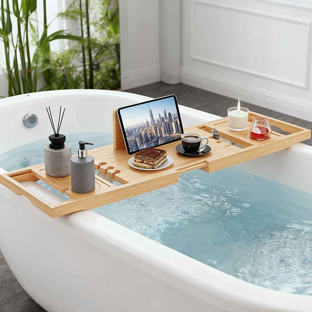 Bamboo Bathtub Caddy Tray Adjustable 27.6–35.4 Inch with Multi-Slot Organizer & Device Holder, Retractable Bath Shelf for Phone, Tablet, Book, Wine & Toiletries — Spa Bath Accessory, Wood Color