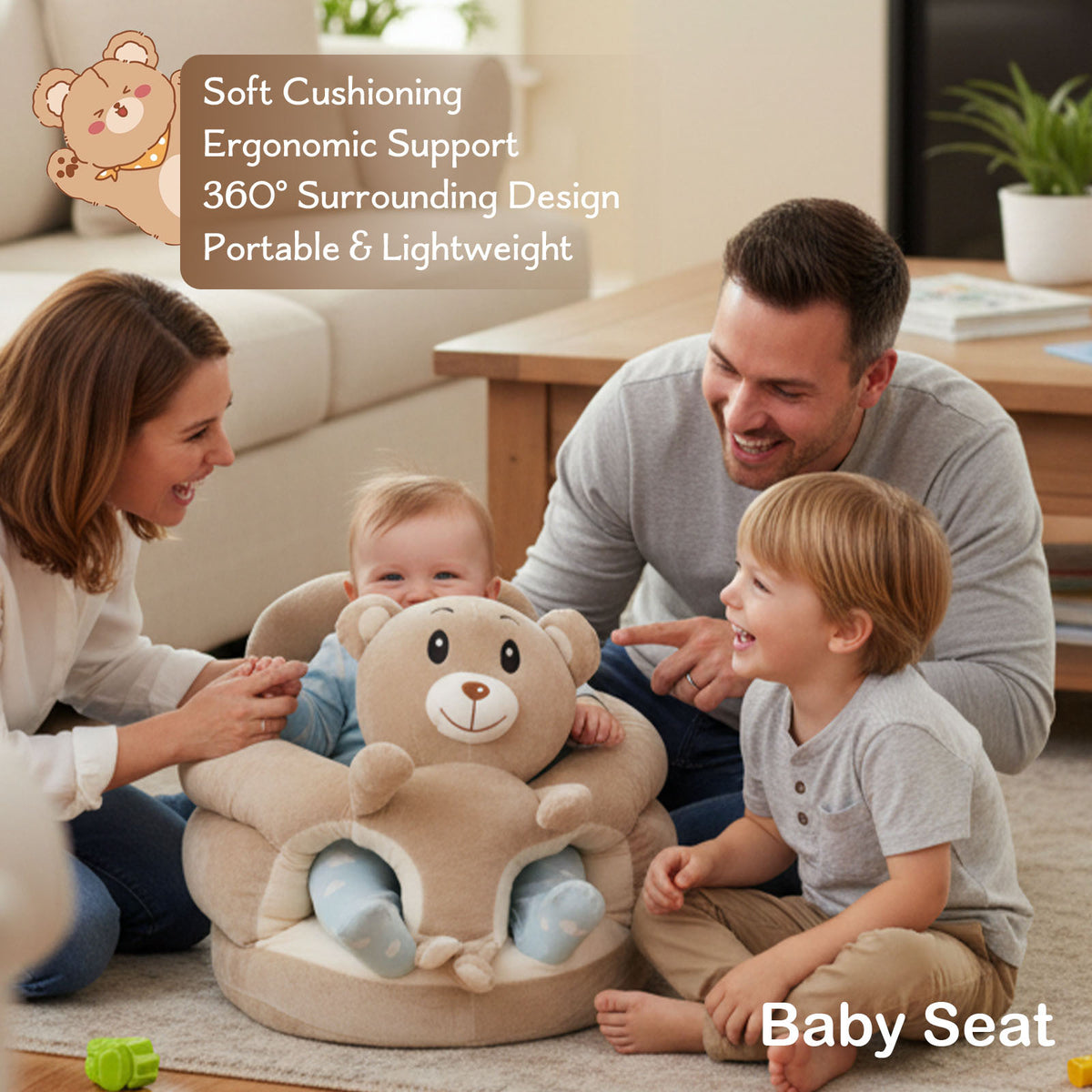 Baby Support Seat Plush Animal Infant Lounger – Ultra-Soft Cushioned Tummy Time Seat for Babies & Toddlers, Non-Toxic Fabric, No Assembly, Elephant Grey, Bear Pink & Bear Khaki