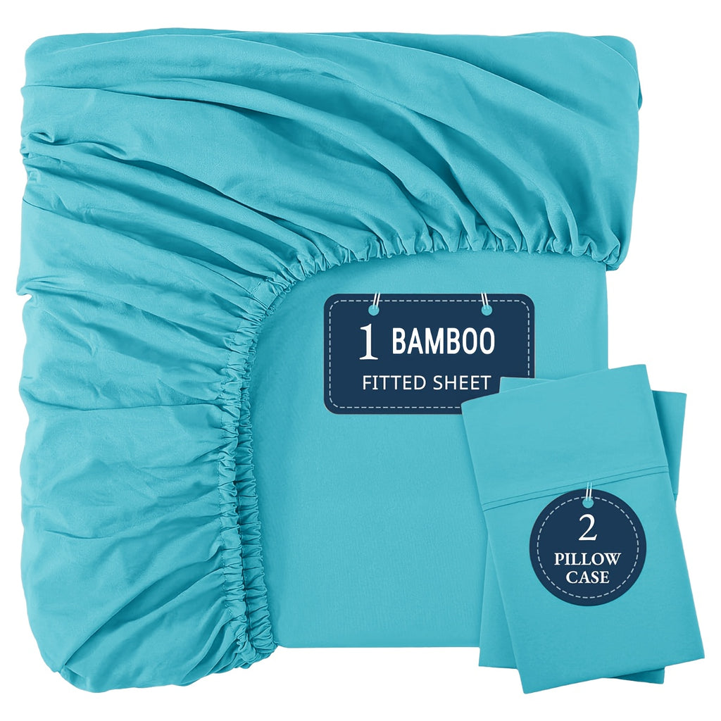 Bamboo Fitted Sheet Set 3pcs Cooling Breathable Soft Deep Pocket – 1 Fitted Sheet & 2 Pillowcases, Fits Mattress Up to 15", Twin Full Queen King, 12 Colors