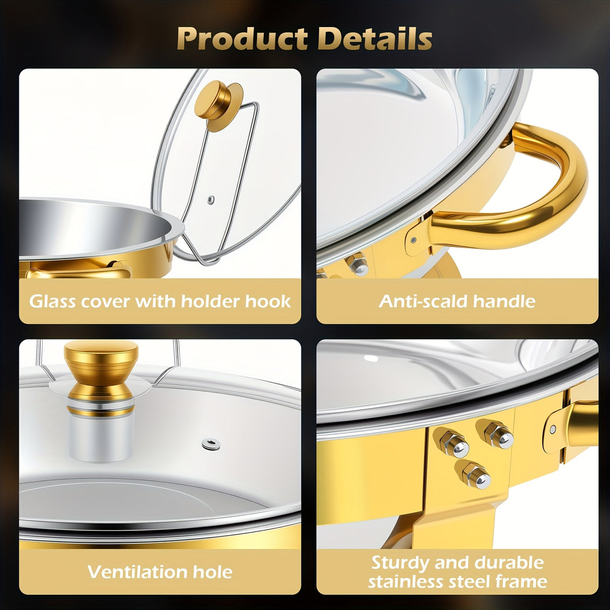 Stainless Steel Chafing Dish Buffet Set 5QT Round - Premium Food Warmer Server with Dome Lid for Parties, Banquets, Weddings & Catering, Available in 1, 2 & 4 Pack Golden Finish