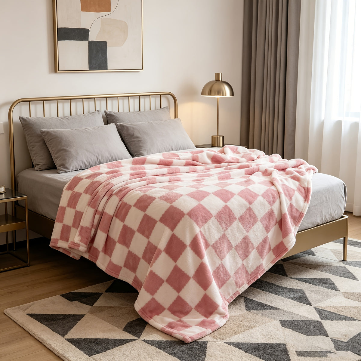 Plaid Fleece Throw Blanket Soft Thick Reversible Faux Rabbit Hair Feel Warm Cozy Blanket for Couch Sofa Bed Office Camping All Seasons Pink Blue Plaid 50x60 60x80 Inch