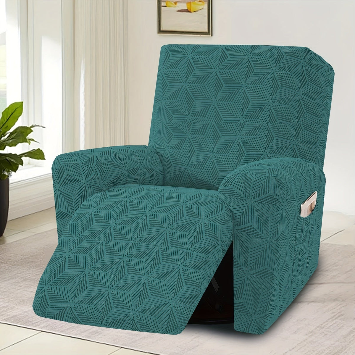 Stretch Spandex Armchair Slipcover with 2 Side Pockets & 2 Armrest Covers, 84% Polyester Jacquard Sofa Cover, Washable Pet Proof Furniture Protector for Living Room & Office, Peacock Blue Green Gray Khaki Coffee