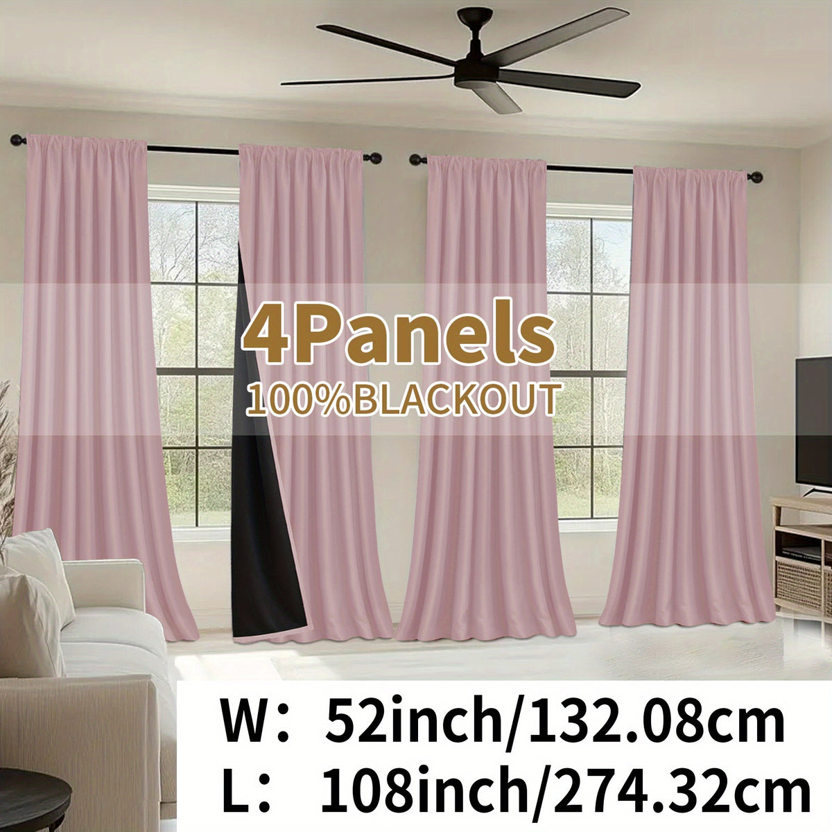 Blackout Curtains Rod Pocket 4 Panels - Thermal Insulated Room Darkening Noise Reducing Matte Drapes for Bedroom Living Room Office, 9 Colors 11 Sizes