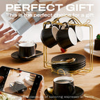 Ceramic Espresso Cup Set of 6 with Saucers Spoons and Metal Stand – 4oz Cappuccino Coffee Cups with Handles for Home Cafe Bar, Black or White