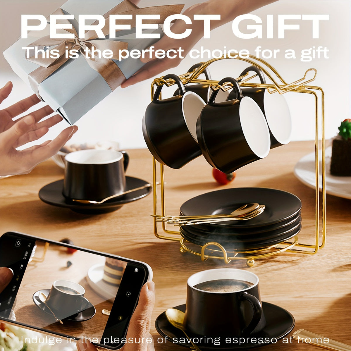 Ceramic Espresso Cup Set of 6 with Saucers Spoons and Metal Stand – 4oz Cappuccino Coffee Cups with Handles for Home Cafe Bar, Black or White
