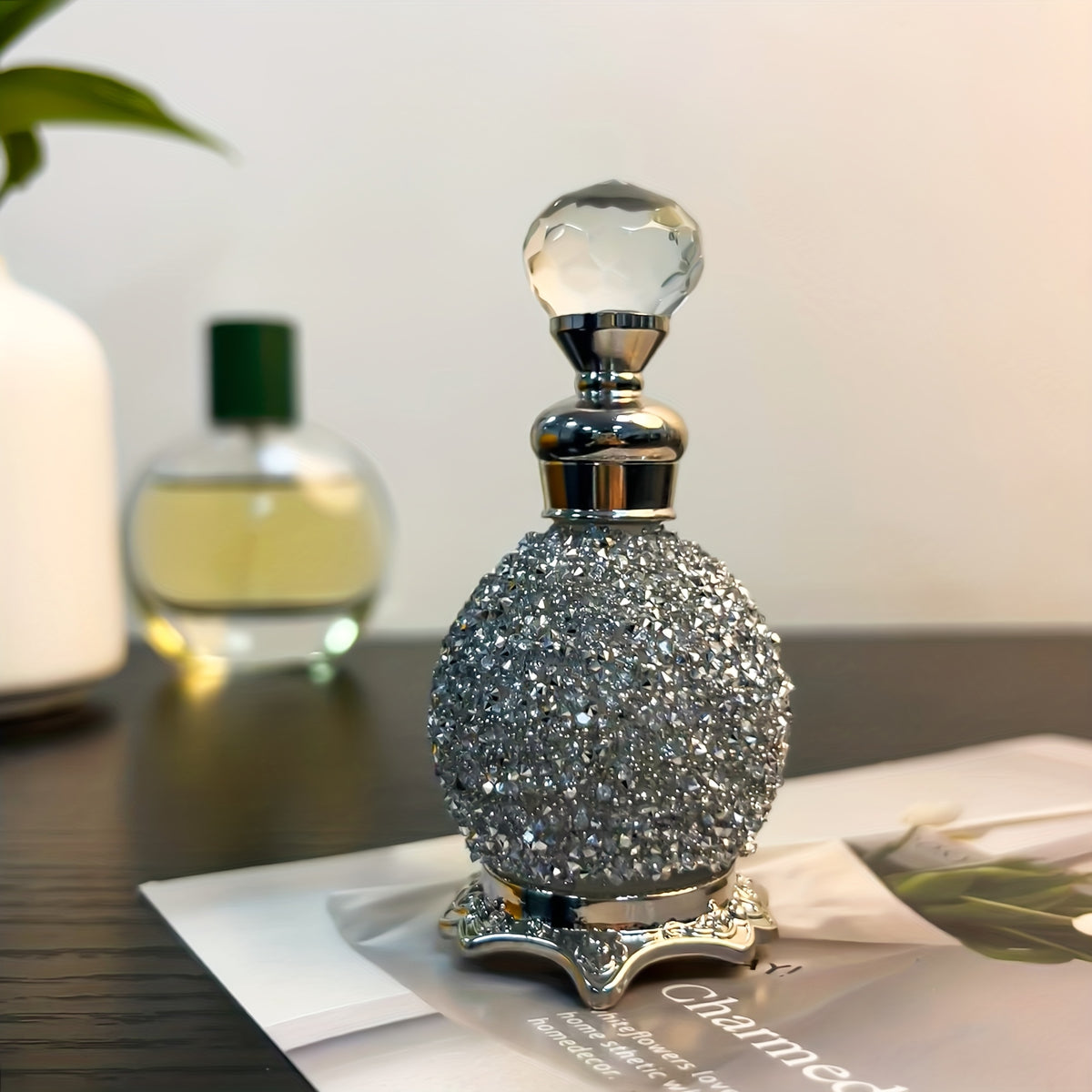 Vintage Crystal Arabic Style Empty Essential Oil Bottle 0.51oz - Portable Imitation Crystal Perfume Vial for Dressing Table, Travel & Gift Decoration