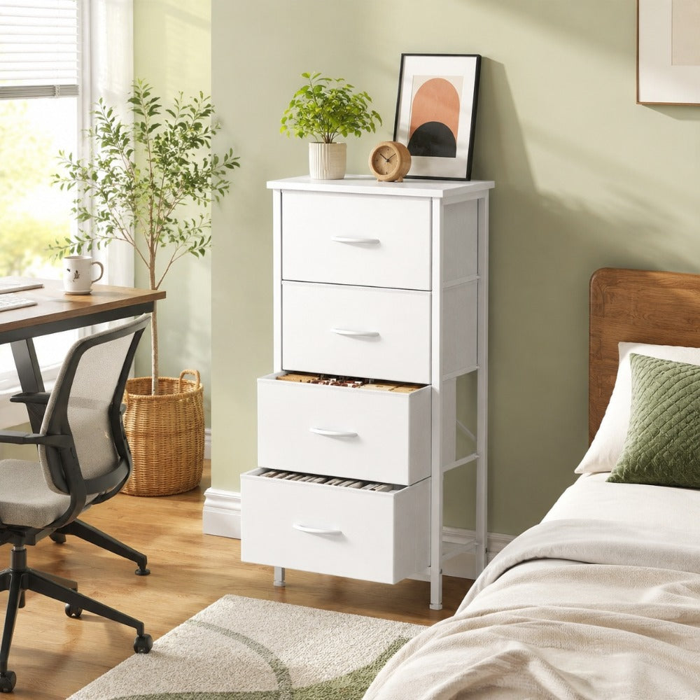 Fabric Dresser with 4 Drawers – Reinforced Edition, Wooden Top & Sturdy Metal Frame, Bedroom Storage Cabinet for Closet, Entryway & Dorm | 6 Colors