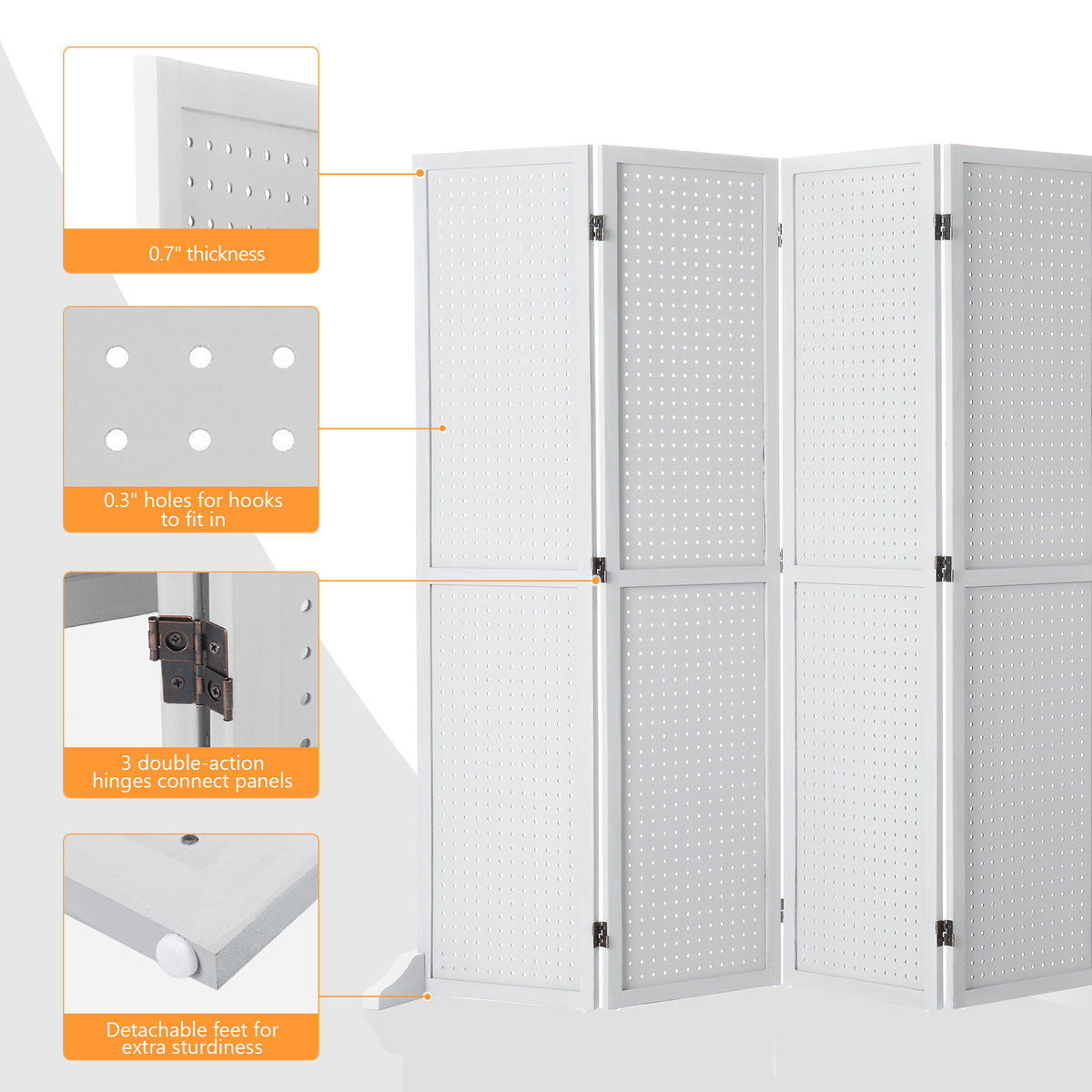5 FT Freestanding Pegboard Room Divider | Wood Folding Privacy Screen & Display Board Organizer with Support Feet – White, Black, Natural, Grey | Craft Shows, Retail & Home