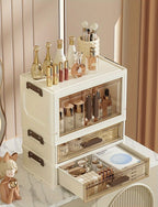 Makeup Organizer with Transparent Drawers 3/4 Tier – Foldable Large Capacity Stackable Cosmetic Storage Cabinet, Retro White & Gold Aesthetic Organizer for Skincare, Documents & Books, Elegant Girl Gift